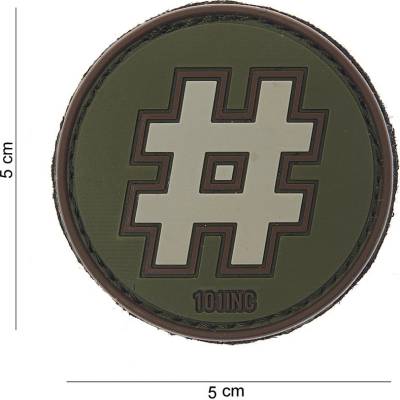 Gumová nášivka 101 Inc nápis # Hashtag - olivová