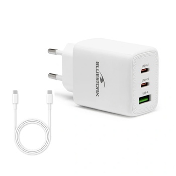 Bluestork Мрежово зарядно устройство Bluestork - PW-65-CCA (2xUSB-C, USB-A, 65W, 2 м кабел, бяло) (PW-65-CCA)
