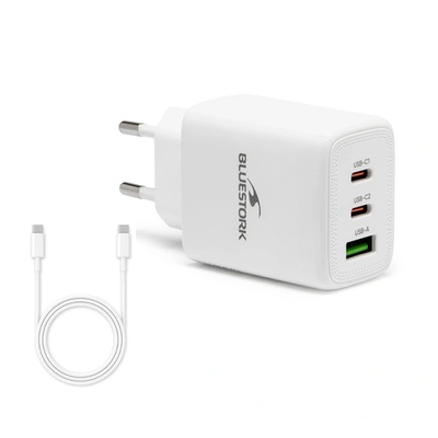 Bluestork Мрежово зарядно устройство Bluestork - PW-65-CCA (2xUSB-C, USB-A, 65W, 2 м кабел, бяло) (PW-65-CCA)