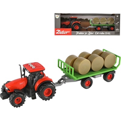 Traktor Zetor s vlekem a balíky plast 36cm na setrvačník na bat. se světlem se zvukem v krab. 39x13