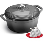 Overmont roasting pan enamel cast iron pot - casserole dish 26cm oven-safe - with lid and cookbook - for kitchen baking stewing roasting gray - Enamelled - Enamelled Cast Iron
