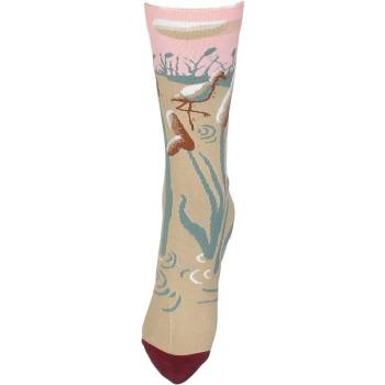 Памучни чорапи в цвят бежово каки с птица и цветя