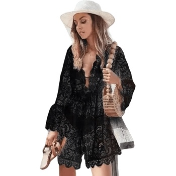 Image 1 of Къса дантелена туника за плаж в черно с дълъг ръкав