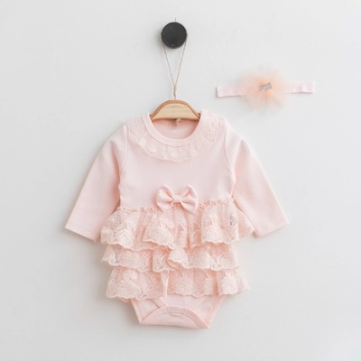 Myrat Baby Боди рокля с дантела и лента за глава, крем