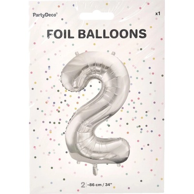 PartyDeco Fóliový balón narodeninové číslo 2 strieborný 86cm