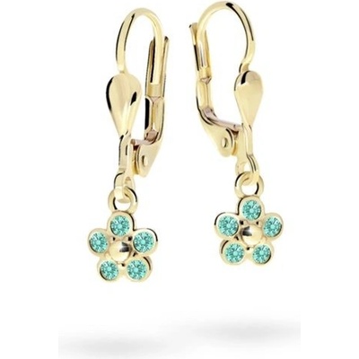 Danfil dětské náušnice kytičky C2744 ze žlutého zlata s kamínky Mint Green zapínání klapka