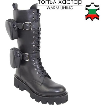 Български обувки Дамски ботуши от естествена кожа в черно с катарами и кожени портмонета 21669