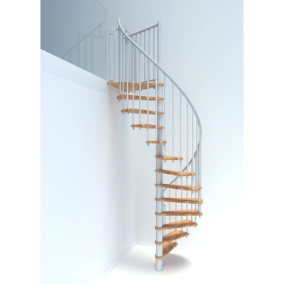 Minka Berlin Smart White - točité schody, průměr 120 cm nebo 140 cm · nášlapy buk 35 mm · bílá barva konstrukce