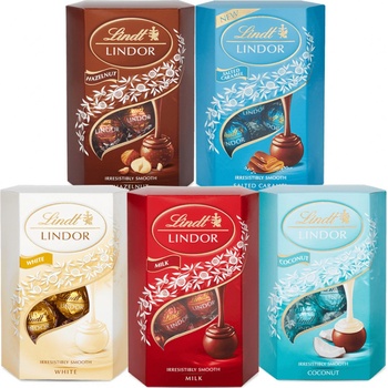 Lindt Lindor pralinky Mliečna čokoláda 200g + Lindor pralinky Slaný karamel 200g + Lindor pralinky Biela čokoláda 200g + Lindor pralinky Kokos 200g + Lindor pralinky Jahody a smetana 200g (set)