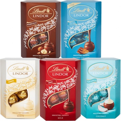 Lindt Lindor pralinky Mliečna čokoláda 200g + Lindor pralinky Slaný karamel 200g + Lindor pralinky Biela čokoláda 200g + Lindor pralinky Kokos 200g + Lindor pralinky Jahody a smetana 200g (set)