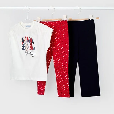 Mayoral Комплект 2 клина до глезена червен и тъмно син и бяла тениска с кученца за мини момиче Майорал