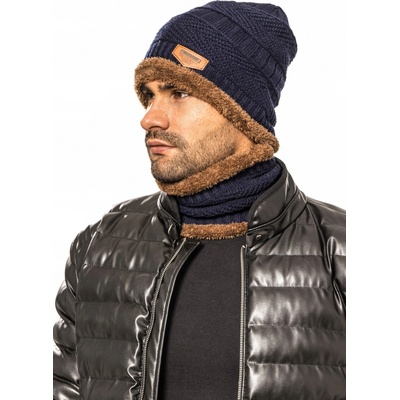 Fashionweek pánská souprava čepice + komín s kožešinou BE01 Tmave modry