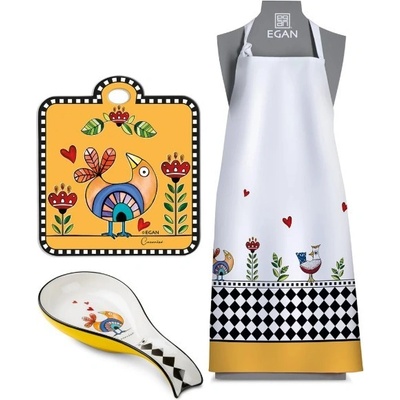 EGAN Dárková sada z kolekce Cocoricò Žlutá zástěra podložka pod hrnec a odkládací miska na vařečku