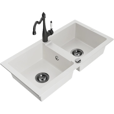 Mexen Mario гранитна мивка с 2 камери и кухненски смесител Carla, бяла - 6504-20-670700-70 (6504-20-670700-70)