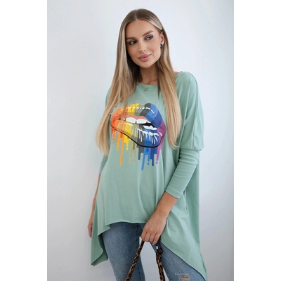 ! Kesi Oversized blouse with a dark mint lip print šedá