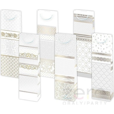 Taška papírová dárková na láhev 12x40x9 cm (lak) - bílá s glitry (mix 3)