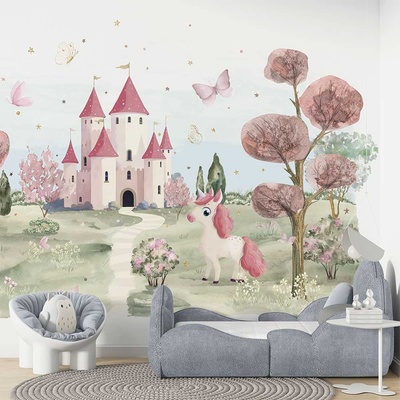 Art Gift Decor Детски фототапет с еднорог и вълшебен замък в розови тонове