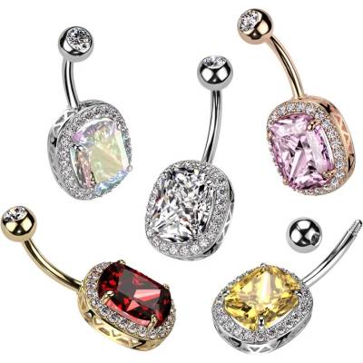 Šperky eshop piercing do pupíku z oceli barevný oválný zirkon zirkonový lem čiré barvy O01.04 Stříbrno žlutá