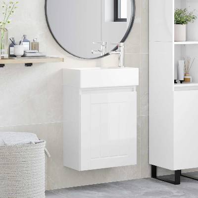 vidaXL Мивка за баня със смесител Бял гланц 45, 5 x 25, 5 x 84 см (889495)
