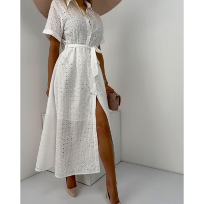 Košilové midi šaty s anglickou výšivkou Bílá