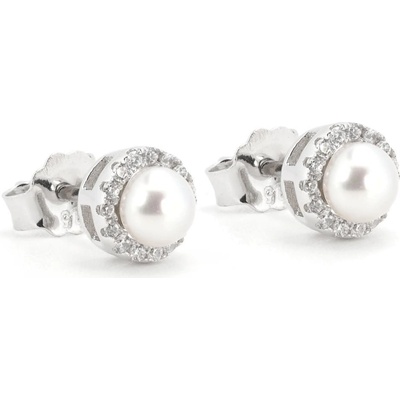 Rafity stříbrné náušnice bílou perlou a zirkony E0209PZ-0506