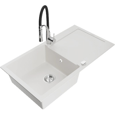 Mexen Leo гранитна мивка с едно корито с отцедник и кухненски смесител Aster, бял - 6501-20-73450-07 (6501-20-73450-07)