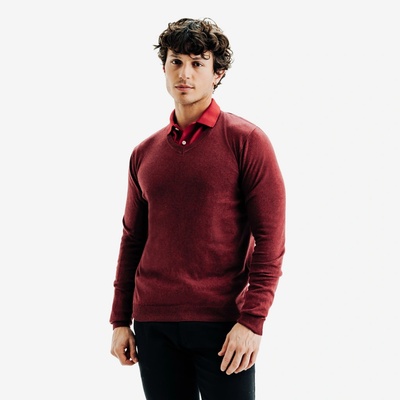 Inesis pánsky bavlnený golfový pulóver MW100 výstrih do V bordový