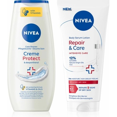 Nivea Creme Protect Nivea Repair & Care tělové sérum 200 ml + Nivea Creme Protect zklidňující sprchový gel 250 ml kosmetická sada