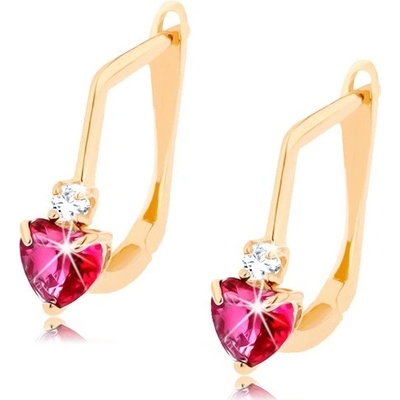 Šperky Eshop náušnice ve žlutém zlatě tmavě růžové rubínové srdíčko čirý zirkon S2GG94.04