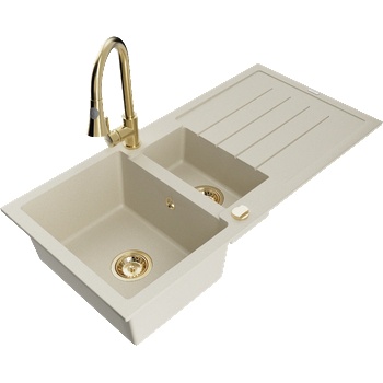 Mexen Andres гранитна кухненска мивка с 1, 5 отделения с отцедник и кухненски смесител Elia, бежов - 6515-69-670101-50 (6515-69-670101-50)