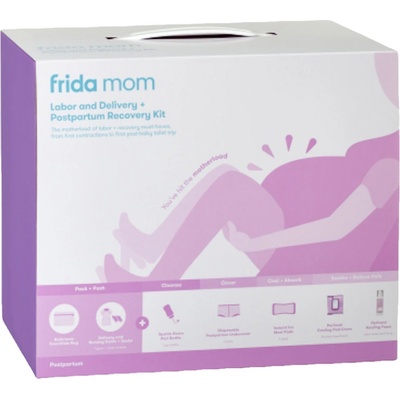 Frida Mom Velká sada do porodnice intimní sprška 1 ks + chladicí a absorpční vložky 4 ks + poporodní kalhotky 4 ks + zklidňující vlhčené ubrousky 24 ks + zklidňující pěna 150 ml + kojicí košile 1 ks