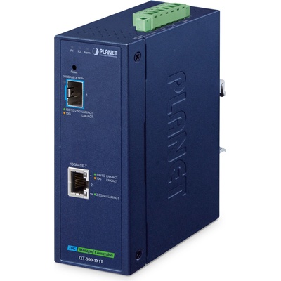 PLANET IXT-900-1X1T IP40 Industrial 1-Port 10G/1GBASE-X SFP+ + 1-Port 10G/5G/2.5G/1G/100BASE-T Managed Media Converter(-40 to 75 C, dual redundant power input on 9~48V DC/24V AC terminal block, IPv4/I (IXT-900-1X1T)