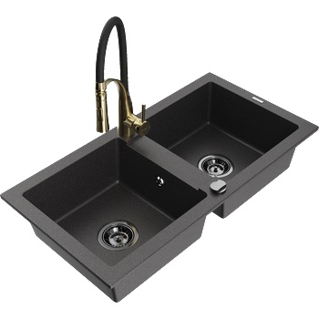Mexen Mario двукоморна гранитна мивка с кухненски смесител Aster, черен на капки - 6504-76-73450-57-B (6504-76-73450-57-B)