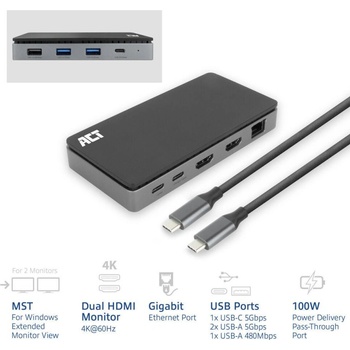 ACT Докинг станция ACT, USB-C, 2x HDMI, Ethernet, 3x USB-A - AC7093 (AC7093)