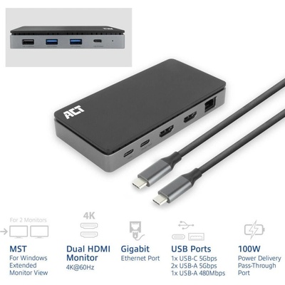 ACT Докинг станция ACT, USB-C, 2x HDMI, Ethernet, 3x USB-A - AC7093 (AC7093)
