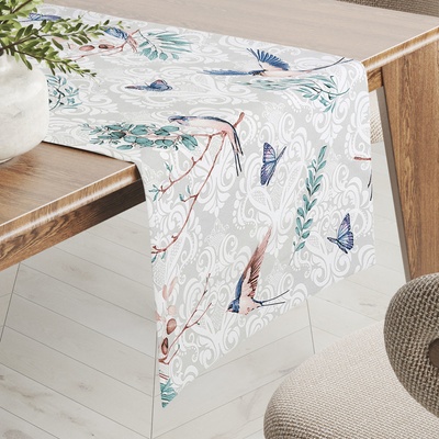 Biante bavlna behúň Sandra SA-471 Lastovičky s motýlikmi na svetlo sivom ornamente 20x120 cm