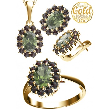 A-B Jewelry set Camellia with moldavite and garnets in yellow gold 200000103