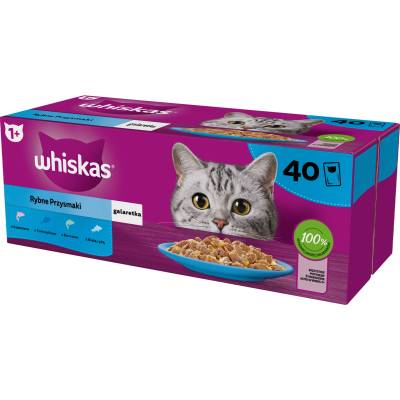 Whiskas Adult пакетчета 40 x 85 g Fish Delicacies - мокра храна за възрастни котки, в желе (парчета със: сьомга, риба тон, треска, бяла риба)