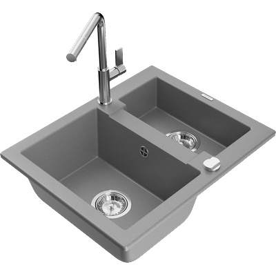 Mexen Carlos гранитна мивка с 1, 5 камери с кухненски смесител Flora, сив - 6518-71-670401-00 (6518-71-670401-00)