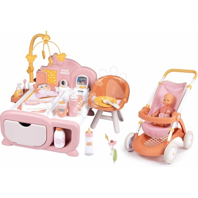 Smoby Set domček pre bábiku so športovým kočíkom Cocoon Nursery Soft Baby Nurse elektronický s 32 cm bábikou v dupačkách