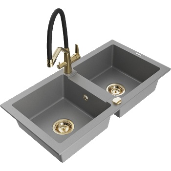 Mexen Mario гранитна кухненска мивка с 2 камери и кухненски смесител Duo, сив - 6504-71-671701-57-G (6504-71-671701-57-G)