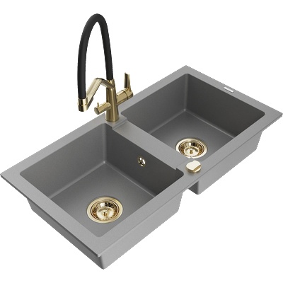Mexen Mario гранитна кухненска мивка с 2 камери и кухненски смесител Duo, сив - 6504-71-671701-57-G (6504-71-671701-57-G)