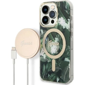 GUESS Комплект безжично зарядно устройство и кейс Guess GUBPP14LHJEACSA за iPhone 14 Pro 6.1"", зелен / зелен, твърд, съвместим с MagSafe, Jungle (GUE002576-0)