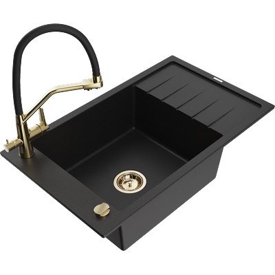 Mexen Elias мивка за вграждане, гранитна, с едно корито и отцедник, с кухненски смесител Duo, черен - 6511-77-671701-57-G (6511-77-671701-57-G)