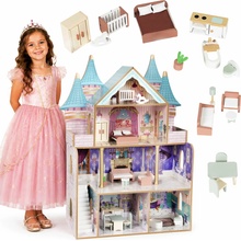 Ecotoys Drevený domček pre bábiky zámok Bella, 4 poschodia, 5 izieb, 15 kusov nábytku