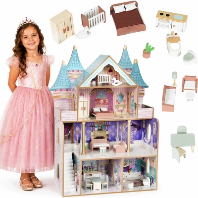 Ecotoys Drevený domček pre bábiky zámok Bella, 4 poschodia, 5 izieb, 15 kusov nábytku