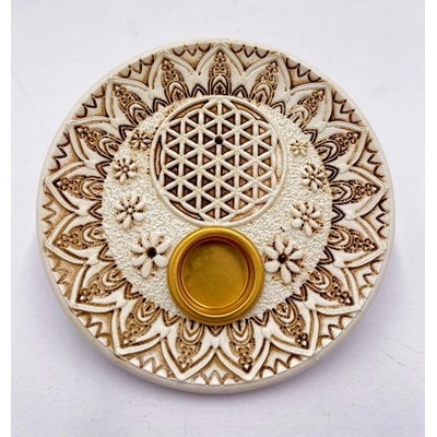 Mani Bhadra Stojánek na vonné tyčinky a kužely Flower of Life bílý 10 cm