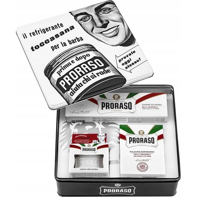 Proraso White balzám po holení 100 ml + mýdlo na holení 150 ml + krém před holením 100 ml + plechová dóza dárková sada