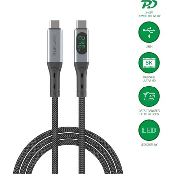 4smarts DigitCord USB4 USB-C to USB-C Cable 240W - здрав USB4 кабел с въжена оплетка и дисплей, за устройства с USB-C порт (150 см) (черен)
