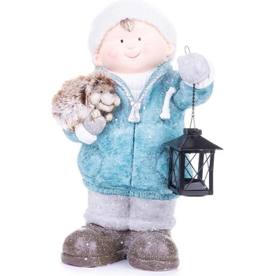 MagicHome Postavička Vianoce Chlapček s lampášom a ježkom keramika 23x20x39,5 cm